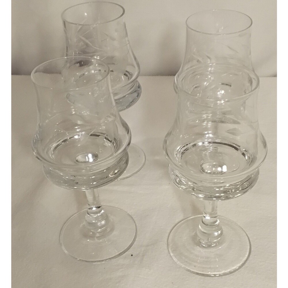 Krosno Vintage Etched Crystal Wine Cordial Glasses Floral Pattern Excellent